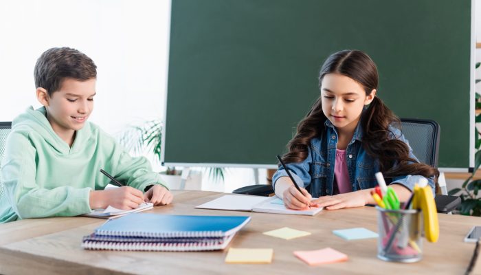 smiling boy writing in notebook near girl and chalkboard in school